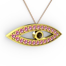 Ayn Kolye - Dumanlı kuvars ve pembe kuvars 8 ayar altın kolye (40 cm rose altın rolo zincir) #1f86p1