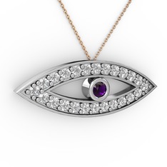 Ametist ve swarovski 18 ayar beyaz altın kolye (40 cm rose altın rolo zincir)