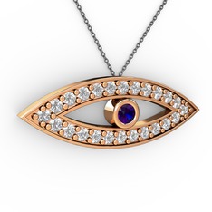 Lab safir ve beyaz zirkon 14 ayar rose altın kolye (40 cm gümüş rolo zincir)