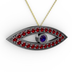 Lab safir ve garnet 925 ayar siyah rodyum kaplama gümüş kolye (40 cm altın rolo zincir)