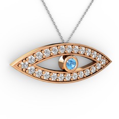 Akuamarin ve pırlanta 14 ayar rose altın kolye (0.264 karat, 40 cm beyaz altın rolo zincir)