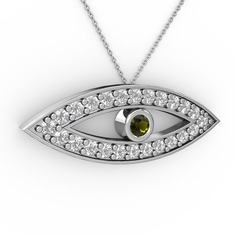 Peridot ve beyaz zirkon 18 ayar beyaz altın kolye (40 cm beyaz altın rolo zincir)