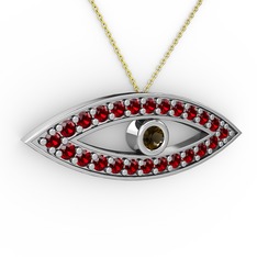 Dumanlı kuvars ve garnet 18 ayar beyaz altın kolye (40 cm altın rolo zincir)