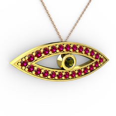 Peridot ve rodolit garnet 14 ayar altın kolye (40 cm rose altın rolo zincir)