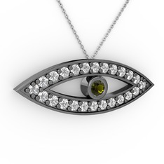 Ayn Kolye - Peridot ve swarovski 925 ayar siyah rodyum kaplama gümüş kolye (40 cm beyaz altın rolo zincir) #1vt6ont