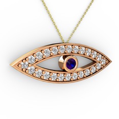 Lab safir ve pırlanta 925 ayar rose altın kaplama gümüş kolye (0.264 karat, 40 cm altın rolo zincir)