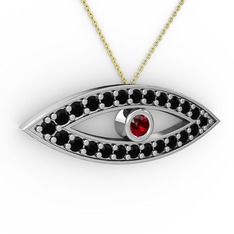 Garnet ve siyah zirkon 14 ayar beyaz altın kolye (40 cm gümüş rolo zincir)