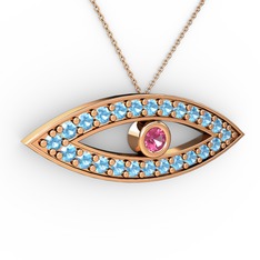 Pembe kuvars ve akuamarin 8 ayar rose altın kolye (40 cm gümüş rolo zincir)