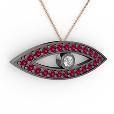 Ayn Kolye - Pırlanta ve rodolit garnet 925 ayar siyah rodyum kaplama gümüş kolye (0.036 karat, 40 cm rose altın rolo zincir) #3bbqtu