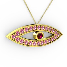 Ayn Kolye - Rodolit garnet ve pembe kuvars 14 ayar altın kolye (40 cm altın rolo zincir) #3cvosi