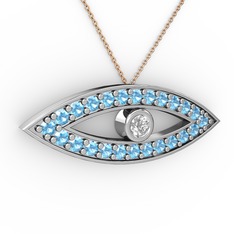 Ayn Kolye - Pırlanta ve akuamarin 14 ayar beyaz altın kolye (0.036 karat, 40 cm rose altın rolo zincir) #48gcuc