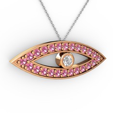 Beyaz zirkon ve pembe kuvars 8 ayar rose altın kolye (40 cm beyaz altın rolo zincir)
