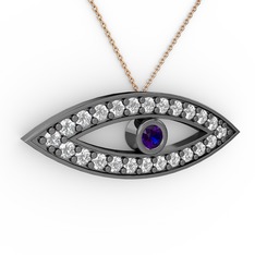 Ayn Kolye - Lab safir ve swarovski 925 ayar siyah rodyum kaplama gümüş kolye (40 cm rose altın rolo zincir) #51d50f