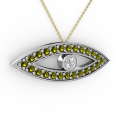 Ayn Kolye - Pırlanta ve peridot 8 ayar beyaz altın kolye (0.036 karat, 40 cm altın rolo zincir) #57mpac