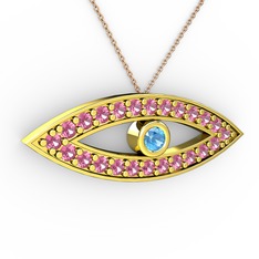 Ayn Kolye - Akuamarin ve pembe kuvars 8 ayar altın kolye (40 cm rose altın rolo zincir) #5rd5h0