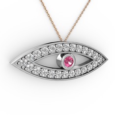 Ayn Kolye - Pembe kuvars ve pırlanta 8 ayar beyaz altın kolye (0.264 karat, 40 cm rose altın rolo zincir) #7pmlet