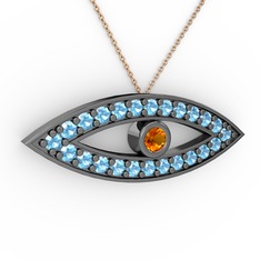 Ayn Kolye - Sitrin ve akuamarin 925 ayar siyah rodyum kaplama gümüş kolye (40 cm rose altın rolo zincir) #83ride