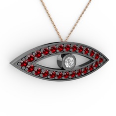 Beyaz zirkon ve garnet 925 ayar siyah rodyum kaplama gümüş kolye (40 cm rose altın rolo zincir)