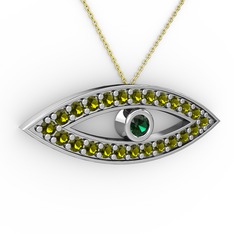 Ayn Kolye - Yeşil kuvars ve peridot 14 ayar beyaz altın kolye (40 cm altın rolo zincir) #8tl771