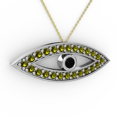 Ayn Kolye - Siyah zirkon ve peridot 8 ayar beyaz altın kolye (40 cm altın rolo zincir) #92p12p