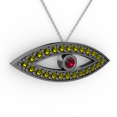 Ayn Kolye - Rodolit garnet ve peridot 925 ayar siyah rodyum kaplama gümüş kolye (40 cm beyaz altın rolo zincir) #adrfx6