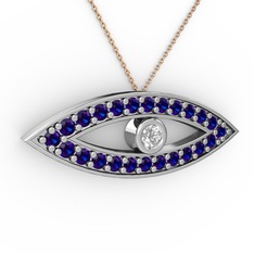 Swarovski ve lab safir 8 ayar beyaz altın kolye (40 cm rose altın rolo zincir)