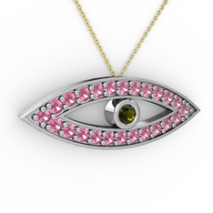 Peridot ve pembe kuvars 14 ayar beyaz altın kolye (40 cm gümüş rolo zincir)