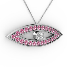 Swarovski ve pembe kuvars 18 ayar beyaz altın kolye (40 cm beyaz altın rolo zincir)