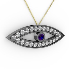 Lab safir ve swarovski 925 ayar siyah rodyum kaplama gümüş kolye (40 cm gümüş rolo zincir)