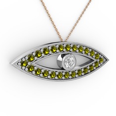 Swarovski ve peridot 14 ayar beyaz altın kolye (40 cm rose altın rolo zincir)