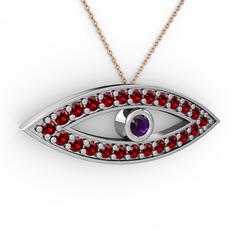 Ametist ve garnet 18 ayar beyaz altın kolye (40 cm rose altın rolo zincir)