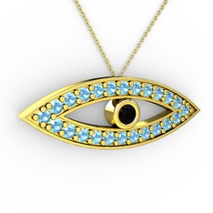 Siyah zirkon ve akuamarin 18 ayar altın kolye (40 cm gümüş rolo zincir)