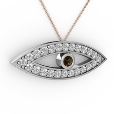 Dumanlı kuvars ve swarovski 18 ayar beyaz altın kolye (40 cm rose altın rolo zincir)