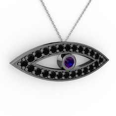 Ayn Kolye - Lab safir ve siyah zirkon 925 ayar siyah rodyum kaplama gümüş kolye (40 cm gümüş rolo zincir) #jlue89