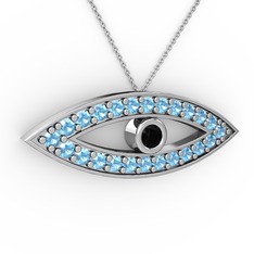 Ayn Kolye - Siyah zirkon ve akuamarin 8 ayar beyaz altın kolye (40 cm gümüş rolo zincir) #l0oj52