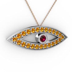 Rodolit garnet ve sitrin 18 ayar beyaz altın kolye (40 cm rose altın rolo zincir)