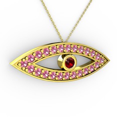 Garnet ve pembe kuvars 18 ayar altın kolye (40 cm gümüş rolo zincir)