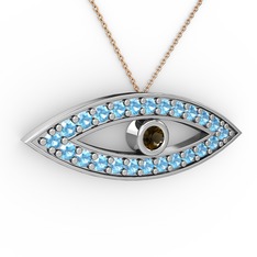 Ayn Kolye - Dumanlı kuvars ve akuamarin 18 ayar beyaz altın kolye (40 cm rose altın rolo zincir) #mb9uel