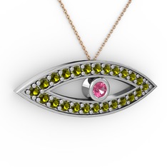 Pembe kuvars ve peridot 14 ayar beyaz altın kolye (40 cm rose altın rolo zincir)