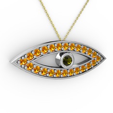 Peridot ve sitrin 8 ayar beyaz altın kolye (40 cm altın rolo zincir)