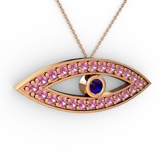 Lab safir ve pembe kuvars 18 ayar rose altın kolye (40 cm rose altın rolo zincir)