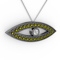 Ayn Kolye - Pırlanta ve peridot 925 ayar siyah rodyum kaplama gümüş kolye (0.036 karat, 40 cm beyaz altın rolo zincir) #prswha