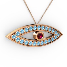 Rodolit garnet ve akuamarin 8 ayar rose altın kolye (40 cm gümüş rolo zincir)