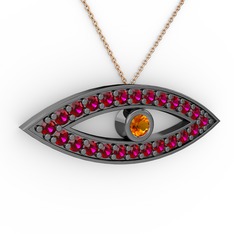 Ayn Kolye - Sitrin ve rodolit garnet 925 ayar siyah rodyum kaplama gümüş kolye (40 cm rose altın rolo zincir) #s7h4d3
