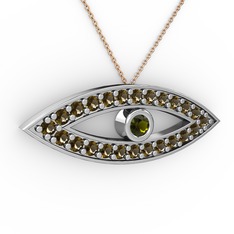 Peridot ve dumanlı kuvars 14 ayar beyaz altın kolye (40 cm rose altın rolo zincir)