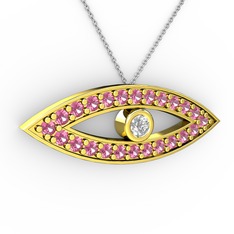 Swarovski ve pembe kuvars 18 ayar altın kolye (40 cm beyaz altın rolo zincir)