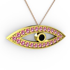 Ayn Kolye - Siyah zirkon ve pembe kuvars 8 ayar altın kolye (40 cm rose altın rolo zincir) #urots1