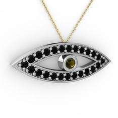 Ayn Kolye - Peridot ve siyah zirkon 18 ayar beyaz altın kolye (40 cm altın rolo zincir) #v36100