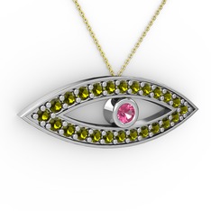 Pembe kuvars ve peridot 14 ayar beyaz altın kolye (40 cm gümüş rolo zincir)