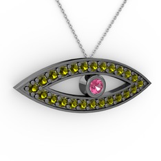 Ayn Kolye - Pembe kuvars ve peridot 925 ayar siyah rodyum kaplama gümüş kolye (40 cm beyaz altın rolo zincir) #xyn5t9